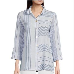 Ali Miles Linen Cotton Woven Yarn Dye Mixed Stripe Button Front Tunic Shirt XL